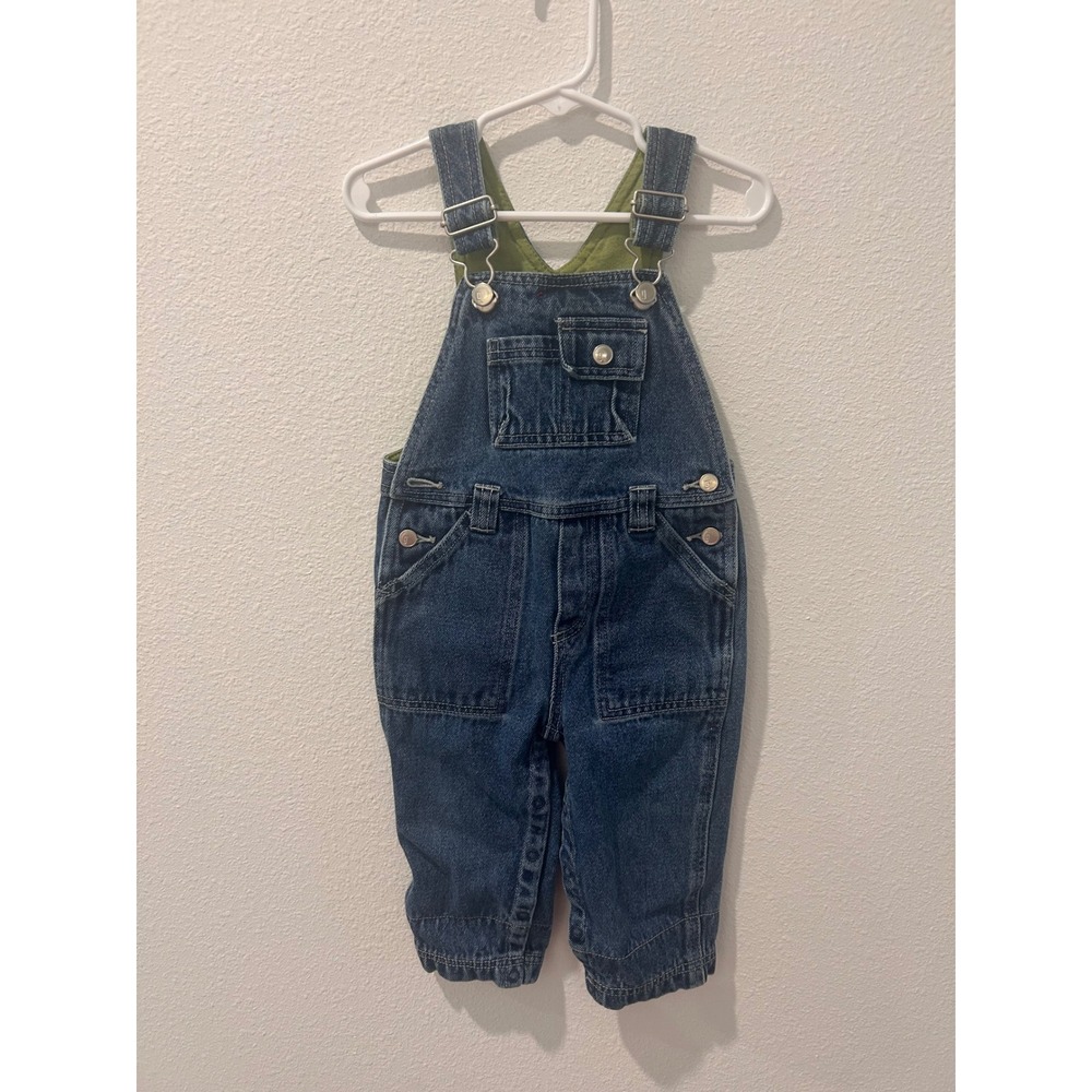 Gymboree Kids Vintage Denim Overalls Green Lining Helicopter 12-18 Months